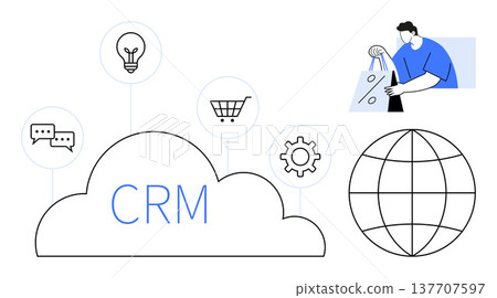 Business strategy, CRM integration, online retail, global reach, data automation, customer interaction. Cloud labeled CRM, gear globe shopping cart user interaction. Business strategy CRM Business strategy, CRM integration, online retail, global reach, data automation, customer interaction. Cloud labeled CRM, gear globe shopping cart user interaction. Business strategy CRM 137707597