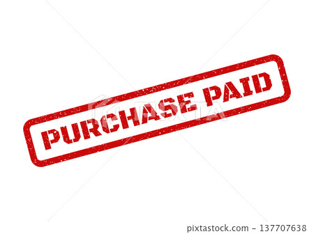 Grungy red rubber stamp showing the text PURCHASE PAID on a document surface for financial transactions 137707638