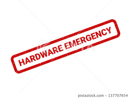 Grungy red rubber stamp with distressed texture signifying a hardware emergency requiring immediate attention 137707654