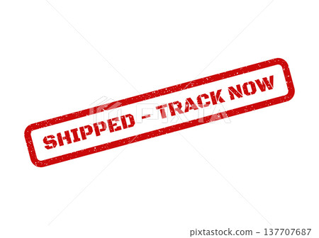 Grungy red rubber stamp with text indicating a package shipped, encouraging immediate tracking 137707687