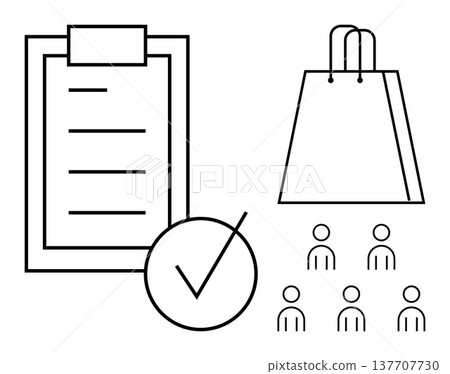 Business workflow, retail services, consumer behavior, task management, e-commerce, customer relationship. Iconic checklist, shopping bag group figures. Focus on retail services consumer behavior Business workflow, retail services, consumer behavior, task management, e-commerce, customer relationship. Iconic checklist, shopping bag group figures. Focus on retail services consumer behavior 137707730