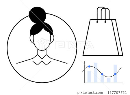 E-commerce, online shopping, business analytics, customer profiling, marketing, sales performance. Features female avatar outline, shopping bag analytics graph with data points. E-commerce E-commerce, online shopping, business analytics, customer profiling, marketing, sales performance. Features female avatar outline, shopping bag analytics graph with data points. E-commerce 137707731