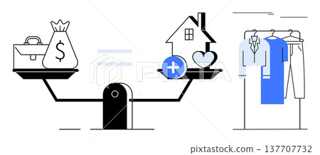 Financial planning, healthy lifestyle, work-life balance, economic equity, home investments, and self-care. Scales with money bag, house heart and clothing rack. Wealth and health balance concept Financial planning, healthy lifestyle, work-life balance, economic equity, home investments, and self-care. Scales with money bag, house heart and clothing rack. Wealth and health balance concept 137707732