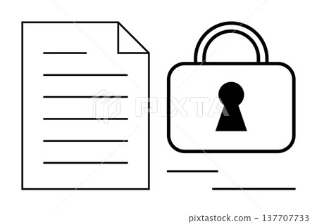 Data protection, cybersecurity, privacy policies, secure file storage, online security, encryption. Black and white graphic of a document and padlock. Data protection and cybersecurity concept Data protection, cybersecurity, privacy policies, secure file storage, online security, encryption. Black and white graphic of a document and padlock. Data protection and cybersecurity concept 137707733