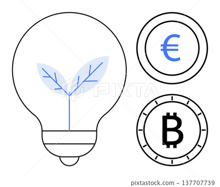 Renewable energy, cryptocurrency, financial technology, eco-finance, digital economy, blockchain. Light bulb with leaf inside next to Euro and Bitcoin coins. Renewable energy and cryptocurrency theme Renewable energy, cryptocurrency, financial technology, eco-finance, digital economy, blockchain. Light bulb with leaf inside next to Euro and Bitcoin coins. Renewable energy and cryptocurrency theme 137707739