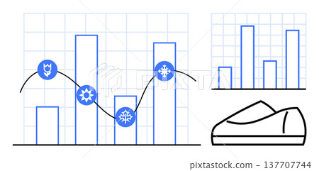 Data analysis, trend tracking, seasonal changes, business analytics, forecasting, sales growth. Bar graphs, line charts icons for seasons and shoe outline. Seasonal changes and data analysis 137707744