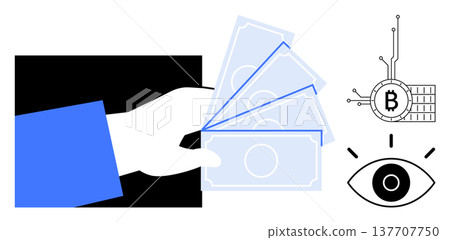 Digital payments, cryptocurrency trade, finance technology, blockchain, online security, financial concepts. Hand with money, bitcoin symbol and tech eye illustration. Digital payments Digital payments, cryptocurrency trade, finance technology, blockchain, online security, financial concepts. Hand with money, bitcoin symbol and tech eye illustration. Digital payments 137707750