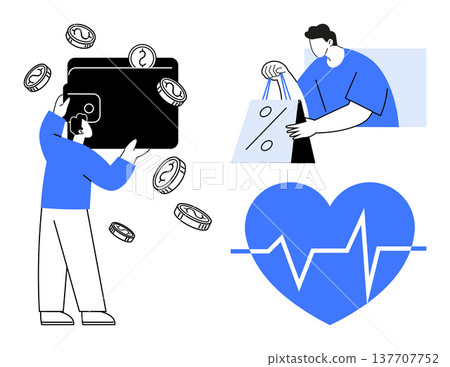 Personal finance, consumer behavior, healthcare apps, budgeting, online purchases, and saving money. Man holding a wallet with coins, person carrying shopping bags heart with pulse line. Financial 137707752