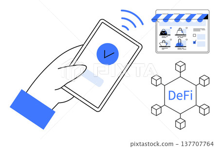 Digital payment, decentralized finance, e-commerce, blockchain, fintech, and cryptocurrency concepts. Hand holding a smartphone, online store interface DeFi network visualization. Digital payment Digital payment, decentralized finance, e-commerce, blockchain, fintech, and cryptocurrency concepts. Hand holding a smartphone, online store interface DeFi network visualization. Digital payment 137707764