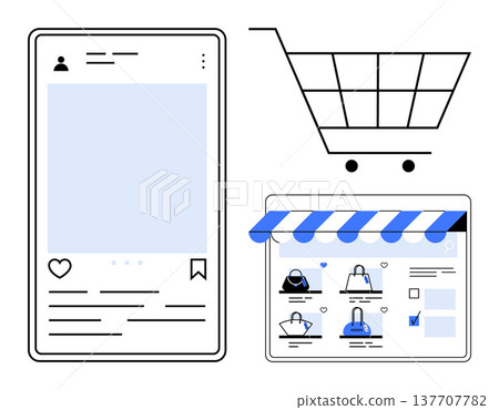 E-commerce, online shopping, digital marketing, mobile app design, retail technology, user interface. Mobile app post, shopping cart and website display. E-commerce and online shopping concept 137707782