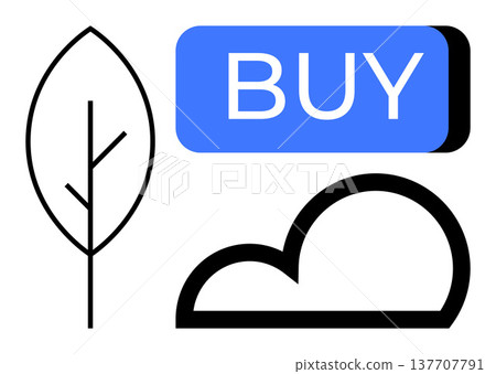 Sustainability, e-commerce, green products, shopping trends, nature, technology. Minimalist visuals of a leaf, cloud and buy button. Sustainability and e-commerce ideas 137707791