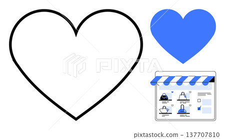 Online shopping, customer loyalty, e-commerce trends, brand support, retail marketing, digital purchasing. Blue and black heart icons with a storefront and shopping interface. Online shopping 137707810