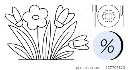 Nature, wellness, mindfulness, education, healthy eating, statistics. Flowers and leaves next to a brain on a plate and percentage symbol. Nature and wellness by floral and food concepts Nature, wellness, mindfulness, education, healthy eating, statistics. Flowers and leaves next to a brain on a plate and percentage symbol. Nature and wellness by floral and food concepts 137707823