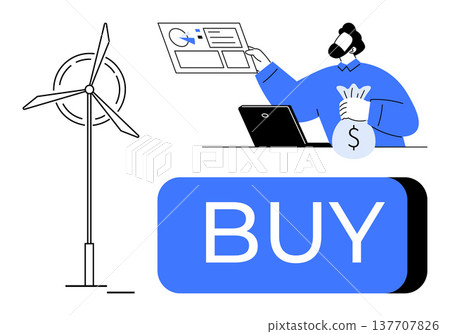 Sustainable energy, e-commerce, online transactions, financial investment, green technology, eco-friendly marketplace. Wind turbine and person holding money next to a digital buy button. Sustainable Sustainable energy, e-commerce, online transactions, financial investment, green technology, eco-friendly marketplace. Wind turbine and person holding money next to a digital buy button. Sustainable 137707826