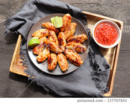 Spicy Chicken Wings with Lime and Dipping Sauce Spicy Chicken Wings with Lime and Dipping Sauce 137707843