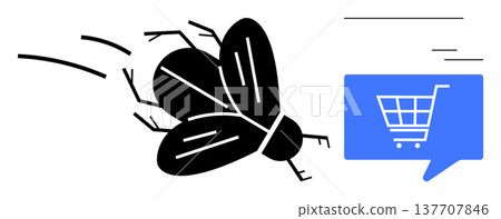 Software bugs, e-commerce errors, troubleshooting, digital issues, online shopping, conceptual communication. Fly approaching a digital shopping cart icon. Software bugs and e-commerce errors concept 137707846