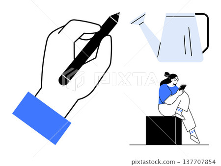 Creative thinking, graphic design, productivity, remote work, self-development, innovation. Hand holding a pen, a watering can and a person with a smartphone. Creative thinking and graphic design Creative thinking, graphic design, productivity, remote work, self-development, innovation. Hand holding a pen, a watering can and a person with a smartphone. Creative thinking and graphic design 137707854