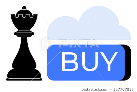 Business strategy, finance, e-commerce, digital investments, online transactions, cloud-based services. Chess piece beside a cloud and a buy button. Business strategy and finance concept Business strategy, finance, e-commerce, digital investments, online transactions, cloud-based services. Chess piece beside a cloud and a buy button. Business strategy and finance concept 137707855