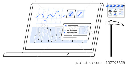 Data mining, analytics, e-commerce, digital optimization, business growth, online services. A laptop displaying graphs, charts and tools alongside a mining pickaxe. Data mining and analytics concept Data mining, analytics, e-commerce, digital optimization, business growth, online services. A laptop displaying graphs, charts and tools alongside a mining pickaxe. Data mining and analytics concept 137707859