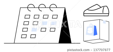 E-commerce, scheduling tools, shopping logistics, workflow planning, retail sales, and delivery services. Calendar with marked dates, shoe and a shopping package. E-commerce and scheduling tools 137707877