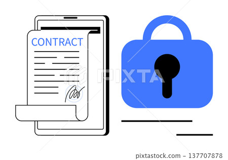 Online contracts, digital security, data protection, legal agreements, electronic signatures, cybersecurity. Mobile device displaying a contract and a blue padlock. Digital security and data 137707878