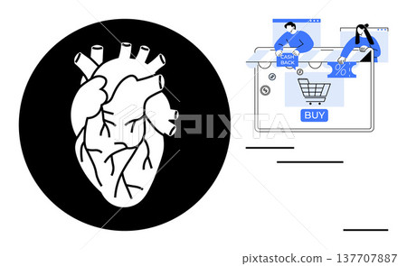 Online shopping, e-commerce, digital markets, consumer behavior, emotional marketing, online retail. Anatomical heart next to an online shopping interface. E-commerce and emotional marketing concept Online shopping, e-commerce, digital markets, consumer behavior, emotional marketing, online retail. Anatomical heart next to an online shopping interface. E-commerce and emotional marketing concept 137707887