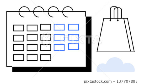 Retail scheduling, event planning, online shopping, e-commerce, time management, cloud storage. Calendar with blue accents next to a shopping bag and a cloud. Retail scheduling and online shopping 137707895