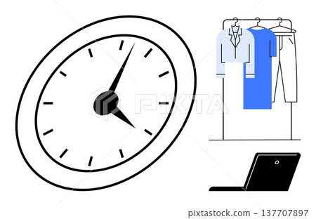 Time management, remote work, wardrobe planning, productivity, organization, work-life balance. A clock, laptop and clothing on a rack. Time management and remote work 137707897