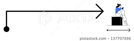 Navigation, direction, decision-making, progress, minimalism, focus. Black arrow pointing right, woman sitting on block reading. Navigation and decision-making concept 137707898
