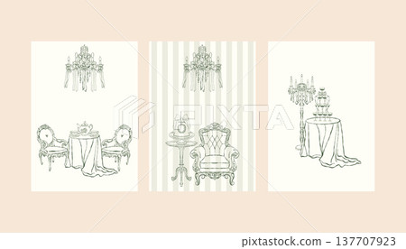 A set of postcard templates featuring vintage holiday illustrations of Victorian interiors. A collection of wedding invitations in the Rococo and Baroque styles. Antique classic furniture. Hand-drawn A set of postcard templates featuring vintage holiday illustrations of Victorian interiors. A collection of wedding invitations in the Rococo and Baroque styles. Antique classic furniture. Hand-drawn 137707923