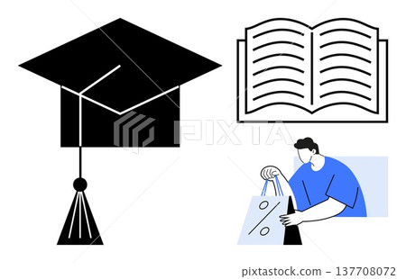 Education, self-growth, online learning, e-commerce, knowledge sharing, financial transactions. Black graduation cap, open book and person holding shopping bags. Education and e-commerce topics 137708072