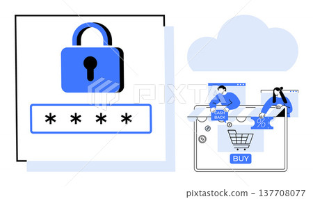 Cybersecurity, online shopping, e-commerce security, financial safety, consumer privacy, digital protection. Lock with password field and shopping cart graphics. Cybersecurity and e-commerce security Cybersecurity, online shopping, e-commerce security, financial safety, consumer privacy, digital protection. Lock with password field and shopping cart graphics. Cybersecurity and e-commerce security 137708077
