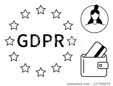Data protection, GDPR compliance, digital privacy, personal security, cybersecurity, user authentication. GDPR text surrounded by stars, user icon and wallet with card. GDPR compliance and digital Data protection, GDPR compliance, digital privacy, personal security, cybersecurity, user authentication. GDPR text surrounded by stars, user icon and wallet with card. GDPR compliance and digital 137708078