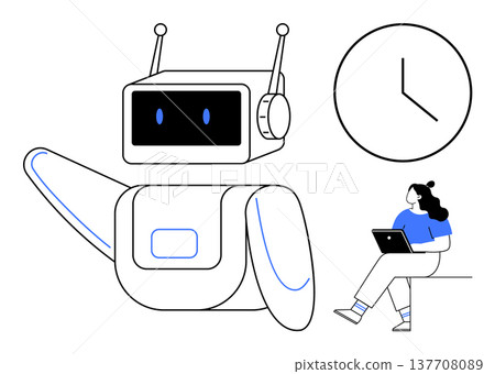 Artificial intelligence, time management, digital work, automation, remote work, human-machine interaction. A robot, a clock and a woman using a laptop. Artificial intelligence and time management Artificial intelligence, time management, digital work, automation, remote work, human-machine interaction. A robot, a clock and a woman using a laptop. Artificial intelligence and time management 137708089