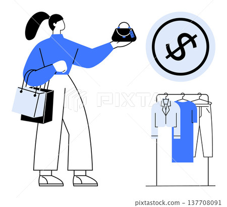 Retail shopping, e-commerce, consumer behavior, fashion trends, money management, product marketing. Woman holding a handbag near clothing rack and dollar symbol. Retail shopping and e-commerce Retail shopping, e-commerce, consumer behavior, fashion trends, money management, product marketing. Woman holding a handbag near clothing rack and dollar symbol. Retail shopping and e-commerce 137708091