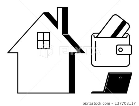 Financial management, online shopping, e-commerce, home transactions, budgeting, technology. Black and white icons show a house, wallet with card and laptop. Financial management and online shopping Financial management, online shopping, e-commerce, home transactions, budgeting, technology. Black and white icons show a house, wallet with card and laptop. Financial management and online shopping 137708117