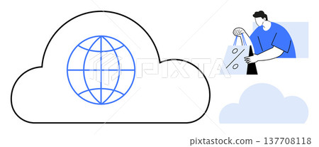 E-commerce, global business, cloud storage, digital transactions, online networking, data sharing. Cloud icon with globe and a figure holding shopping bags. E-commerce and global business concept E-commerce, global business, cloud storage, digital transactions, online networking, data sharing. Cloud icon with globe and a figure holding shopping bags. E-commerce and global business concept 137708118