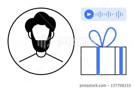 Social media, personalized messages, audio sharing, virtual gifting, communication platforms, user interaction. Abstract face avatar, sound waves gift box. Social media and audio sharing concepts Social media, personalized messages, audio sharing, virtual gifting, communication platforms, user interaction. Abstract face avatar, sound waves gift box. Social media and audio sharing concepts 137708133