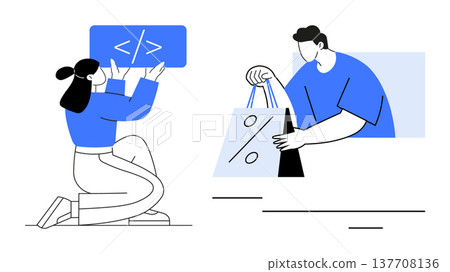 E-commerce, web development, online shopping, discount offers, software creation, digital marketplace. Person holding code sign another with a shopping bag. E-commerce and web development concept E-commerce, web development, online shopping, discount offers, software creation, digital marketplace. Person holding code sign another with a shopping bag. E-commerce and web development concept 137708136