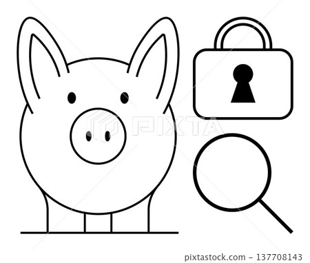 Finance, security, savings, online transactions, data safety, financial analysis. Piggy bank with a lock and magnifying glass in a minimal black-and-white style. Finance and security concept Finance, security, savings, online transactions, data safety, financial analysis. Piggy bank with a lock and magnifying glass in a minimal black-and-white style. Finance and security concept 137708143