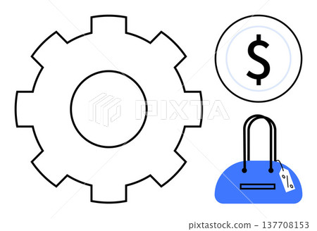 Finance, e-commerce, retail, economic development, business operations, consumer behavior. Gear, dollar coin and tagged shopping bag illustration. Finance and e-commerce Finance, e-commerce, retail, economic development, business operations, consumer behavior. Gear, dollar coin and tagged shopping bag illustration. Finance and e-commerce 137708153