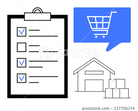 E-commerce solutions, logistics, online shopping, inventory tracking, supply chain, order management. A checklist, shopping cart icon and warehouse outline. E-commerce and logistics concepts E-commerce solutions, logistics, online shopping, inventory tracking, supply chain, order management. A checklist, shopping cart icon and warehouse outline. E-commerce and logistics concepts 137708154