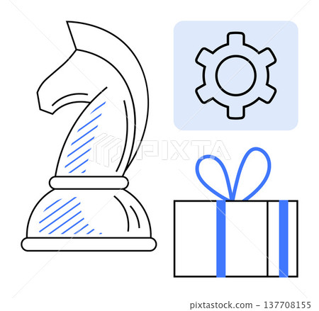 Business strategy, decision-making, productivity, problem-solving, goal achievement, teamwork. Black chess knight, gear cog and gift box with bow. Strategy and problem-solving visual theme 137708155