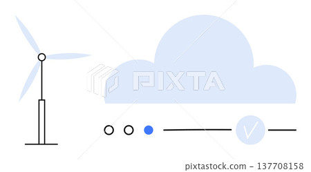 Renewable energy, sustainability, cloud computing, data storage, eco-friendly solutions, efficiency. A wind turbine next to a cloud icon with process indicators. Renewable energy and cloud computing Renewable energy, sustainability, cloud computing, data storage, eco-friendly solutions, efficiency. A wind turbine next to a cloud icon with process indicators. Renewable energy and cloud computing 137708158