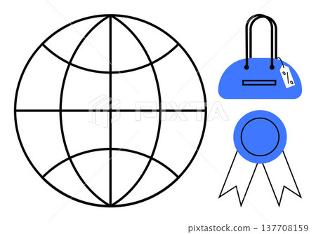 Global trade, branding, e-commerce, achievement, product authenticity, marketing. Graphic elements include a globe, handbag with a tag and a badge with ribbons. Global trade and branding concept 137708159