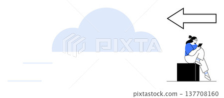 Cloud storage, mobile connectivity, data sharing, digital transformation, navigation, user interface. Woman sitting on a box using a phone, large cloud arrow pointing left. Cloud storage and mobile 137708160