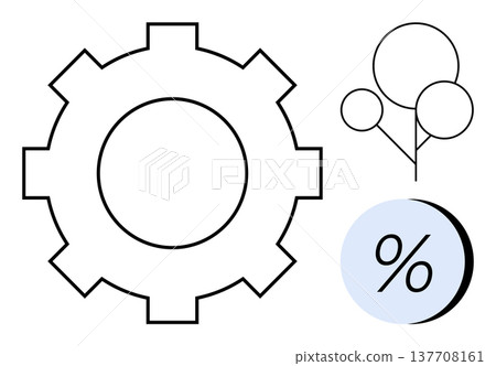 Industry, technology, data analysis, growth, business strategy, abstract design. Gear, percentage sign tree branches on white. Industry and data analysis concept 137708161