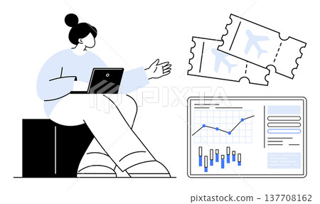 Travel planning, data analysis, business strategy, digital nomads, trip management, ticket booking. Woman with laptop, flight tickets data charts. Travel planning and data analysis concept Travel planning, data analysis, business strategy, digital nomads, trip management, ticket booking. Woman with laptop, flight tickets data charts. Travel planning and data analysis concept 137708162
