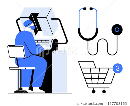 Telemedicine, e-commerce, online shopping, healthcare services, digital tools, remote diagnosis. A medical professional at a computer, stethoscope and shopping cart with notification. Telemedicine Telemedicine, e-commerce, online shopping, healthcare services, digital tools, remote diagnosis. A medical professional at a computer, stethoscope and shopping cart with notification. Telemedicine 137708163
