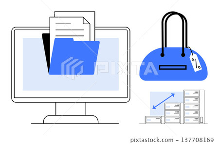 File management, e-commerce, online shopping, data storage, digital organization, pricing. Computer screen with an open folder, shopping bag and database illustration. File management and e-commerce 137708169